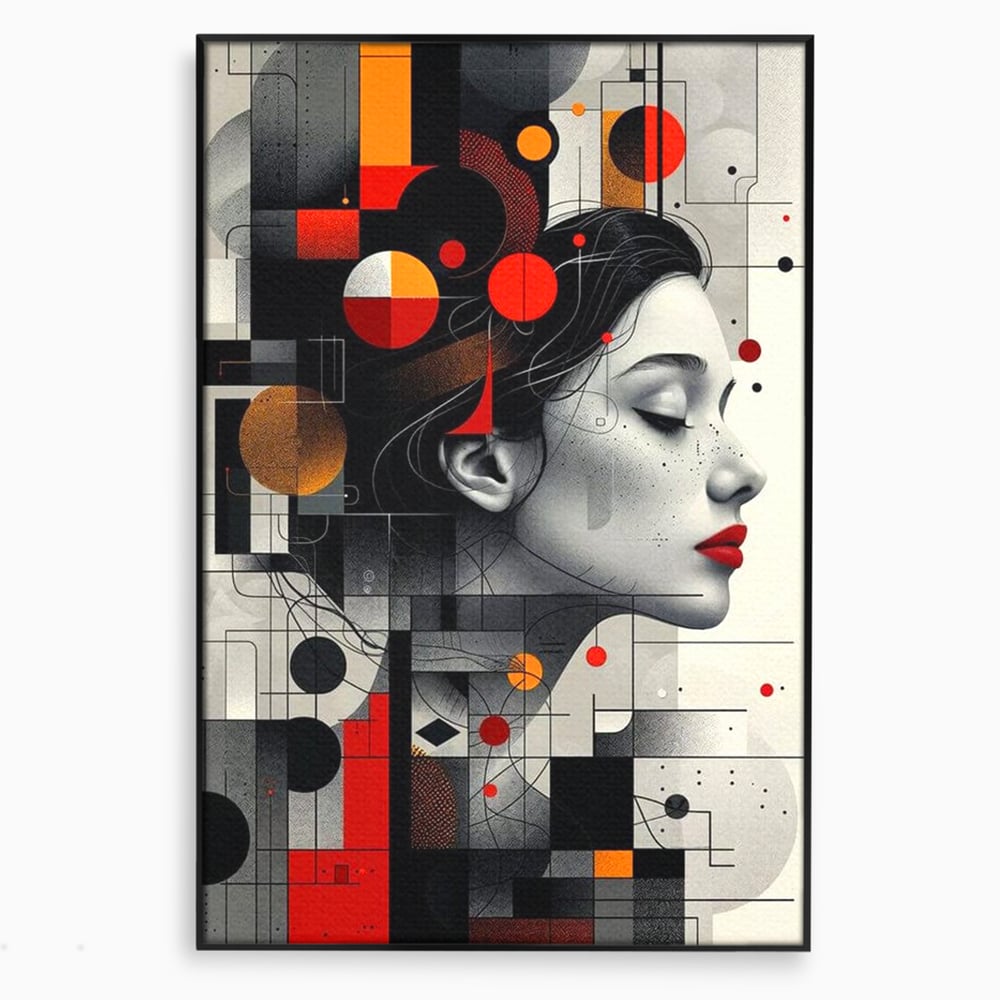 Tablou canvas cu tablou canvas cu portret feminin si forme geometrice, in rama de aluminiu negru